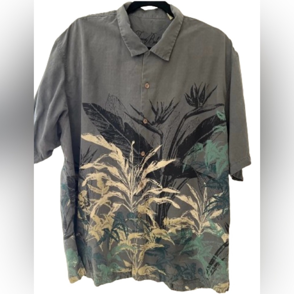 TOMMY BAHAMA Mens XL Silk Button Up Shirt Gray w/ Tropical Plants Short Sleeves